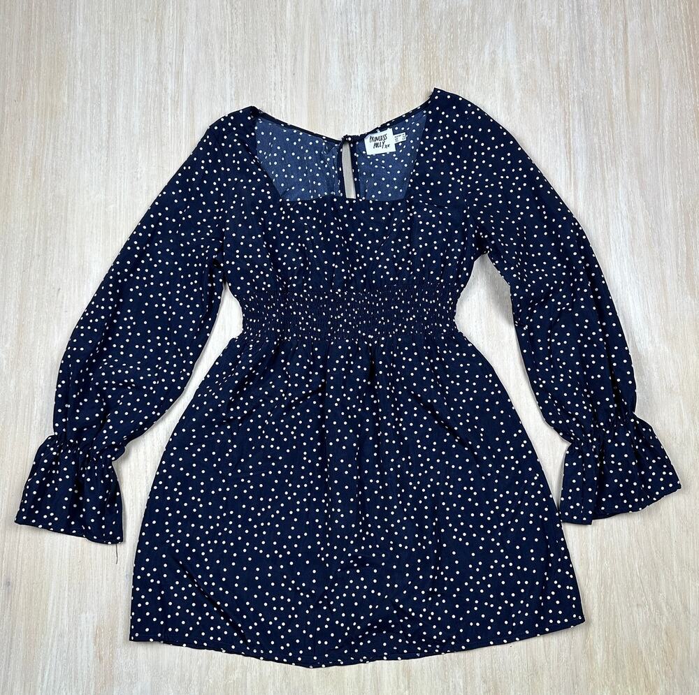Princess Polly Blue Long Sleeve Smocked Waist Polka Dot Vertigo Mini Dress 10